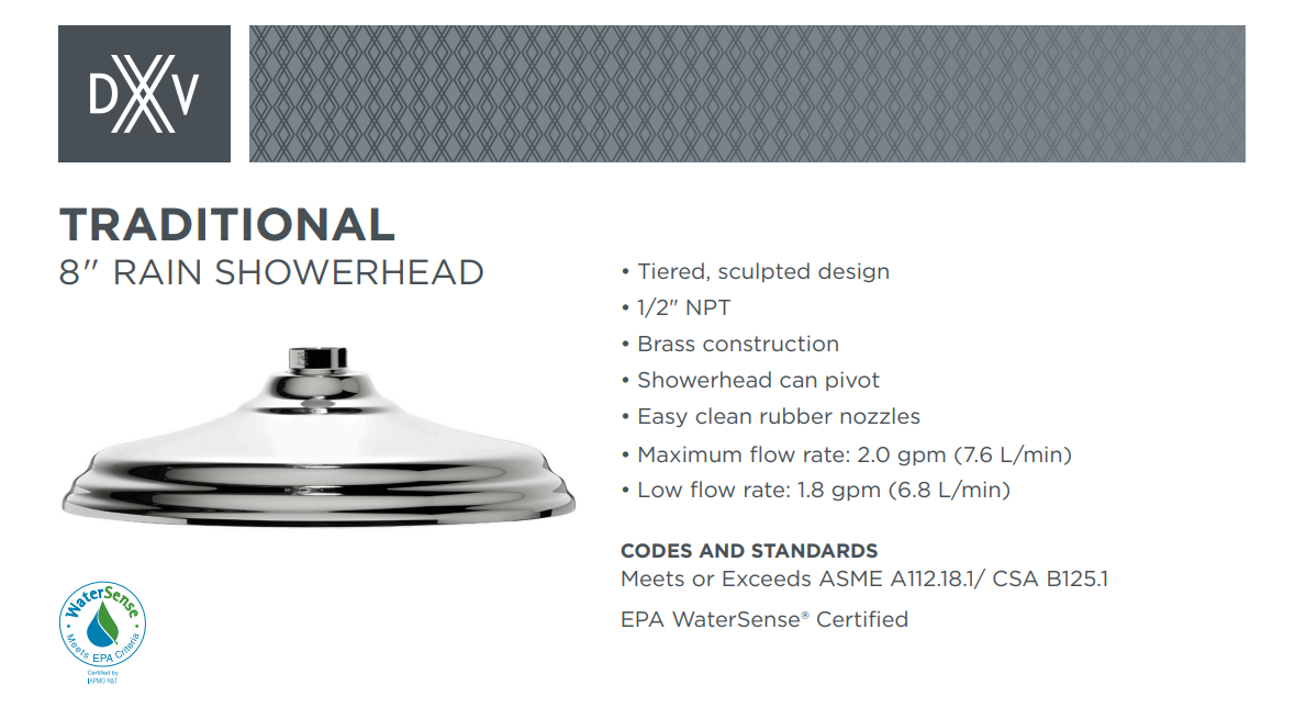 DXV D3570010C.110 Traditional Rain Can Single Function Shower Head, Carbon Bronze, Specs Sheet