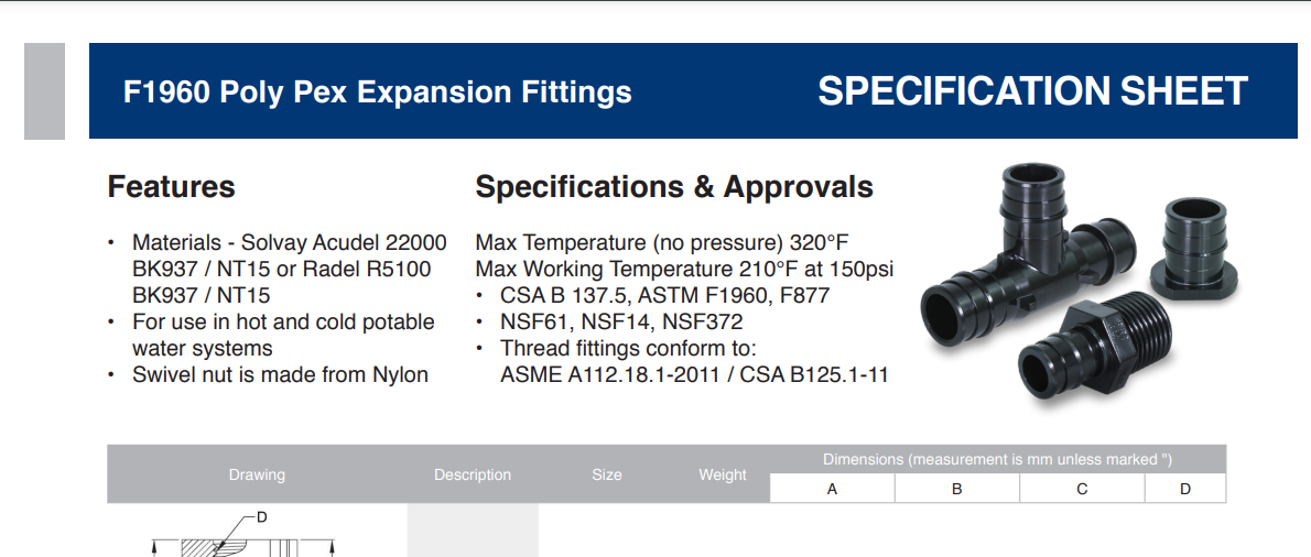 Everflow B-FPTE0012 Expansion PEX EP Tee, Specs Sheet