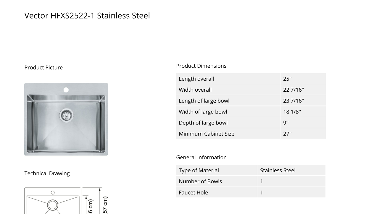 Franke HFXS2522-1 Vector 25 Inch Stainless Steel Single Kitchen Sink, Specs Sheet