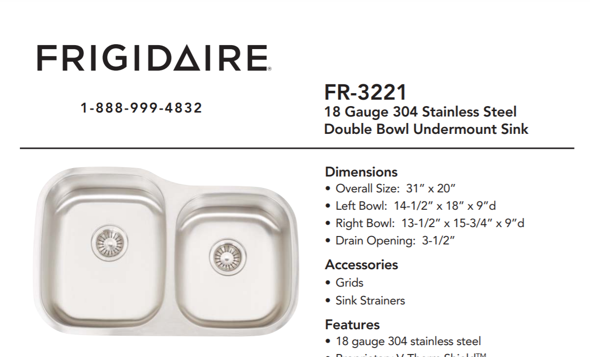  Frigidaire FR3221R Gallery Undermount Kitchen Sink, Stainless Steel, Prod Specs