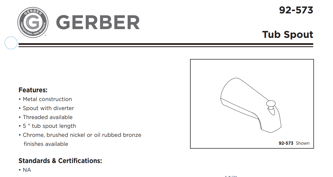 Gerber 92-573 5 Inch Tub Spout, Chrome, Specs Sheet