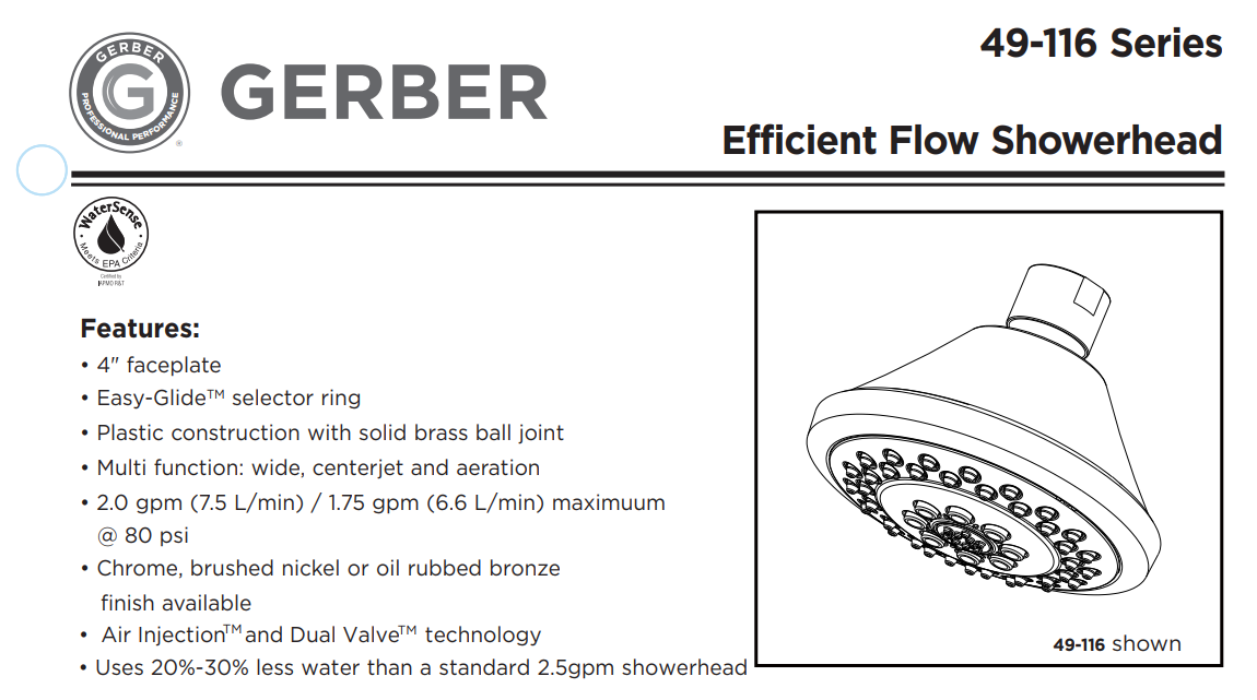 Gerber G0049117RB Showerhead, Specs Sheet