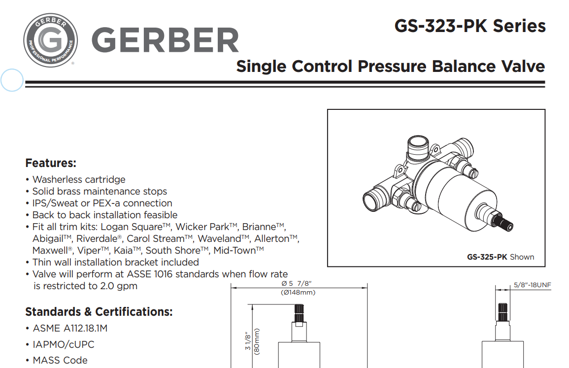 Gerber G00GS324PK Plus Washerless Cartridge Pressure Balance Valve w/ Stops, Specs 