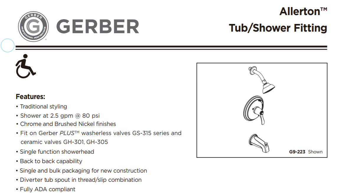 Gerber G9-223-BN Tub and Shower Faucet, Specs Sheet
