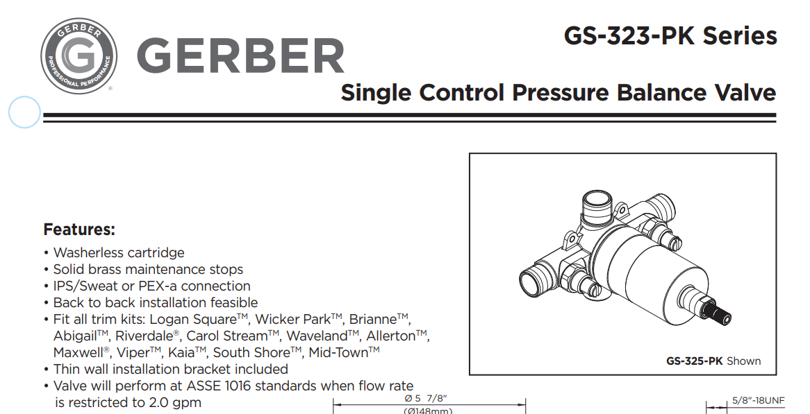 Gerber GS-325 Plus Single Control Pressure Balance Valve, Washerless Cartridge, Specs Sheet