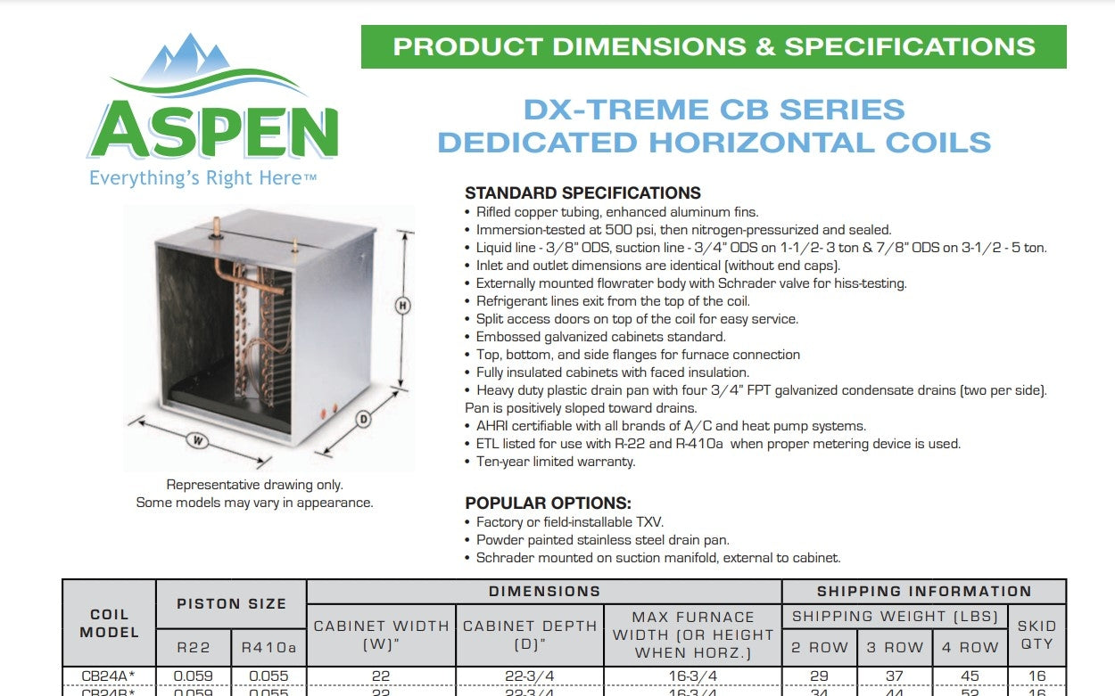 Aspen CB36C3G210T034 CB Collection Horizontal Cased Coil 3 Ton, R-410A Compatible Spec Sheet.pdf