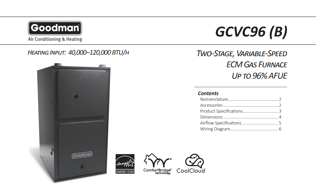 Goodman GCVC960603BN 60,000 BTU Furnace, 96% Efficiency, 2-Stage Gas Furnace, Specs Sheet