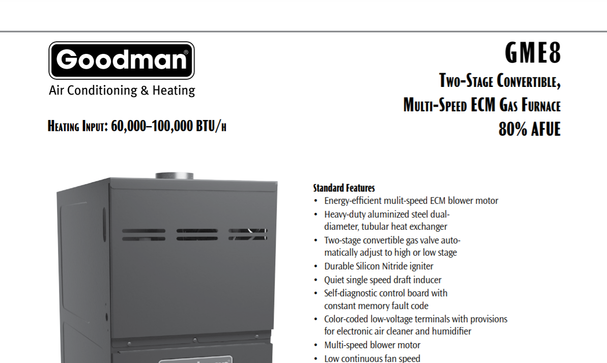 Goodman GME81005CX Specs Sheet