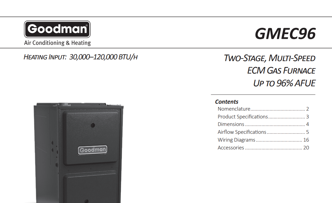 Goodman GMEC960402BN Two-Stage Gas Furnace, 115 V, 800 CFM, Specs Sheet