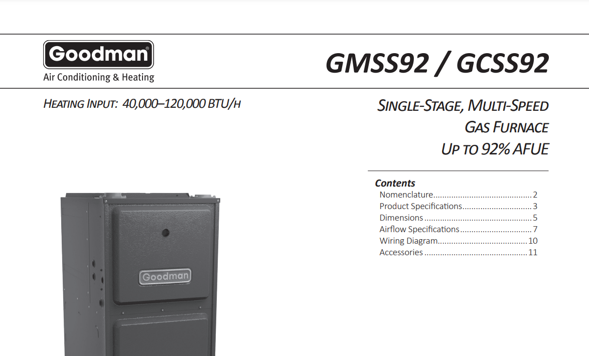 Goodman GMSS921205DN 120000 BTU 92% AFUE 1 Stage Upflow Gas Furnace, Specs Sheet