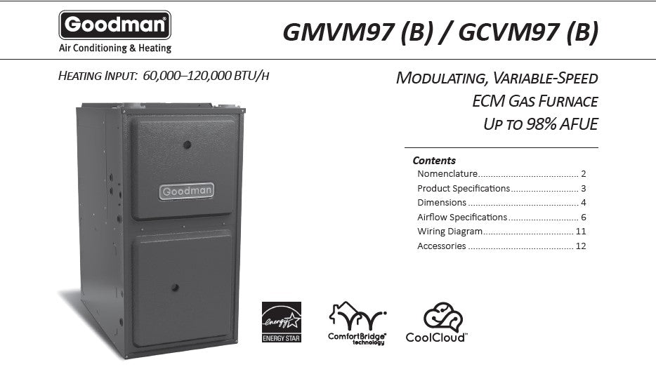 Goodman GMVM970603BN 60,000 BTU Furnace, 98 Efficiency, Upflow Horizontal Gas Furnace Specs Sheet