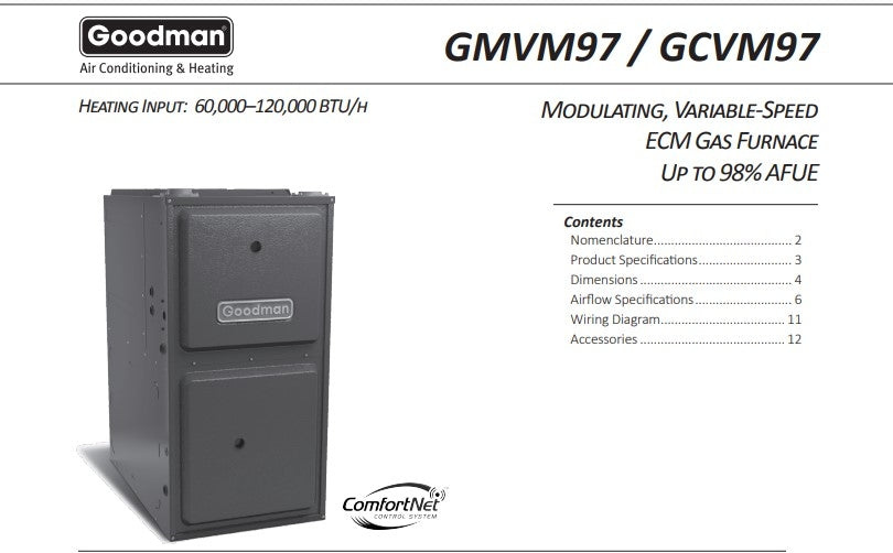 Goodman GMVM970603BN 60,000 BTU Furnace, 98% Efficiency, Upflow Horizontal Gas Furnace Specs Sheet