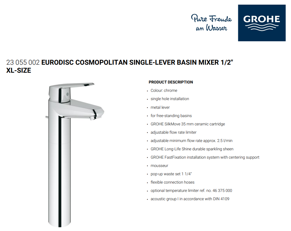 GROHE 23055002 SINGLE-LEVER WASH-BASIN MIXER SPECS SHEET