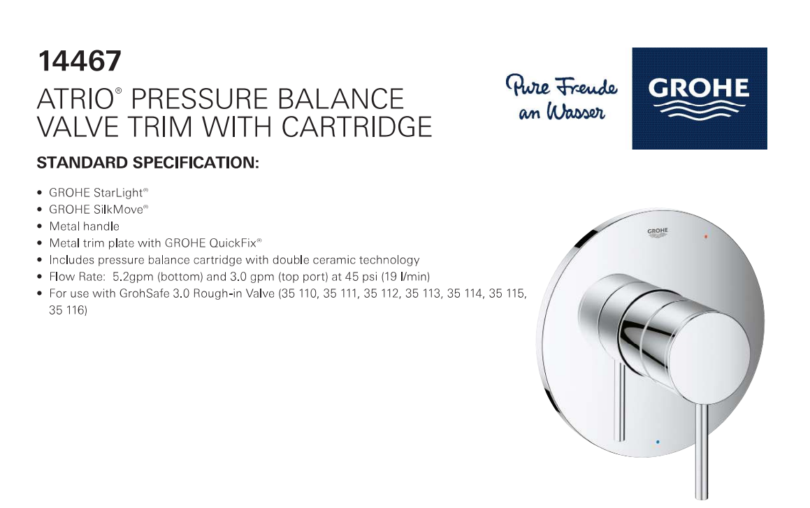Grohe 14467EN0 Atrio Pressure Balanced Valve Trim Only with Single Lever Handle, Brushed Nickel, Specs Shee