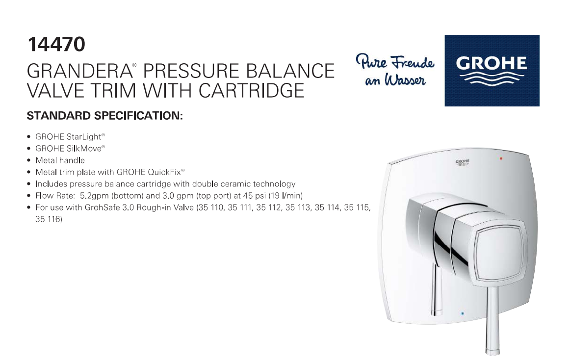 Grohe 14470EN0 Grandera Pressure Balance Shower Trim with Cartridge, Brushed Nickel, Specs Sheet