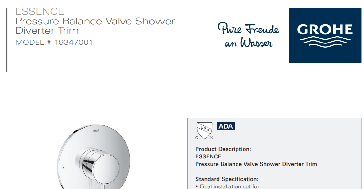 Grohe 19347001 PB Valve Shower Trim, Specs Sheet