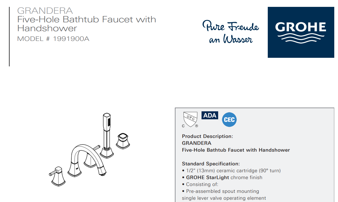 Grohe 1991900A Grandera Five-Hole 2 Handle Bathtub Faucet with Handshower, Starlight Chrome, Specs Sheet