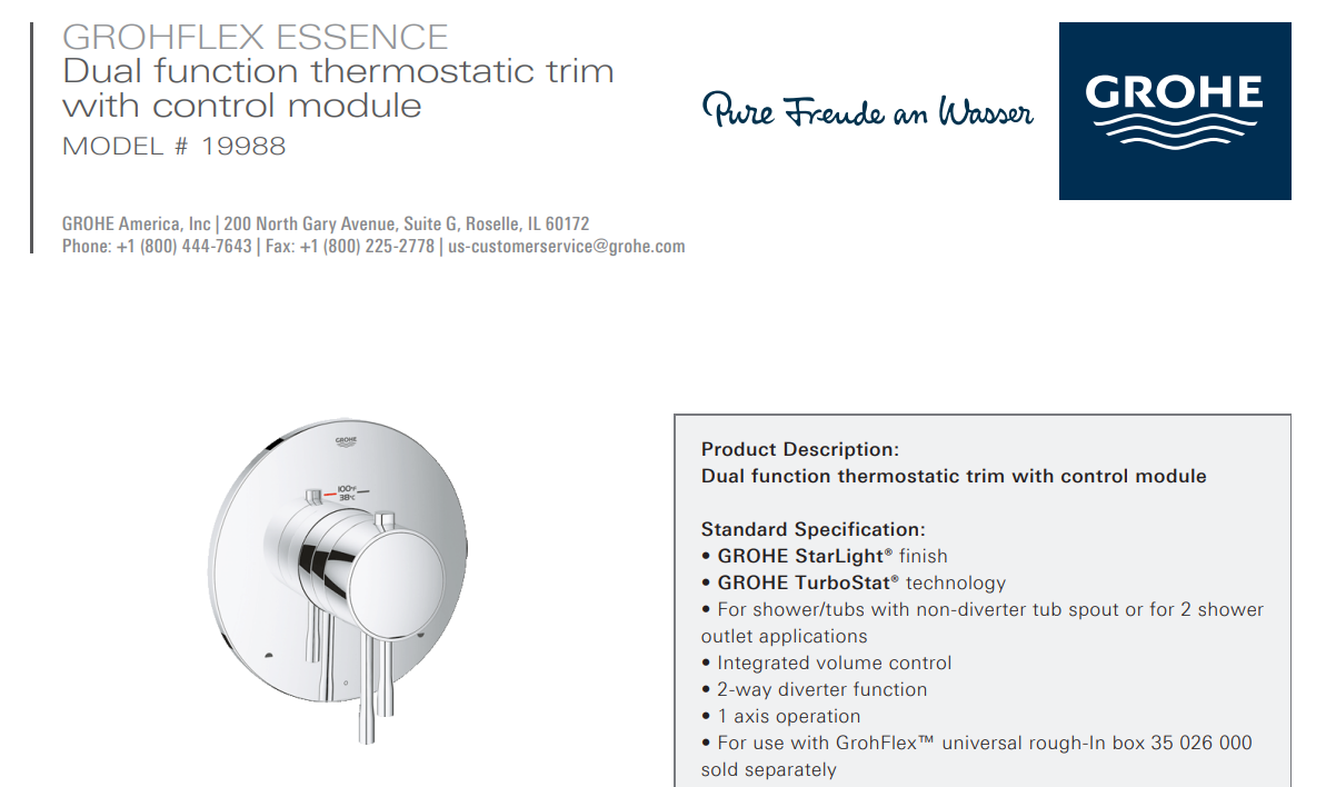 Grohe 19988EN1 Essence Thermostatic Valve Trim with Integrated Volume Control, Specs Sheet