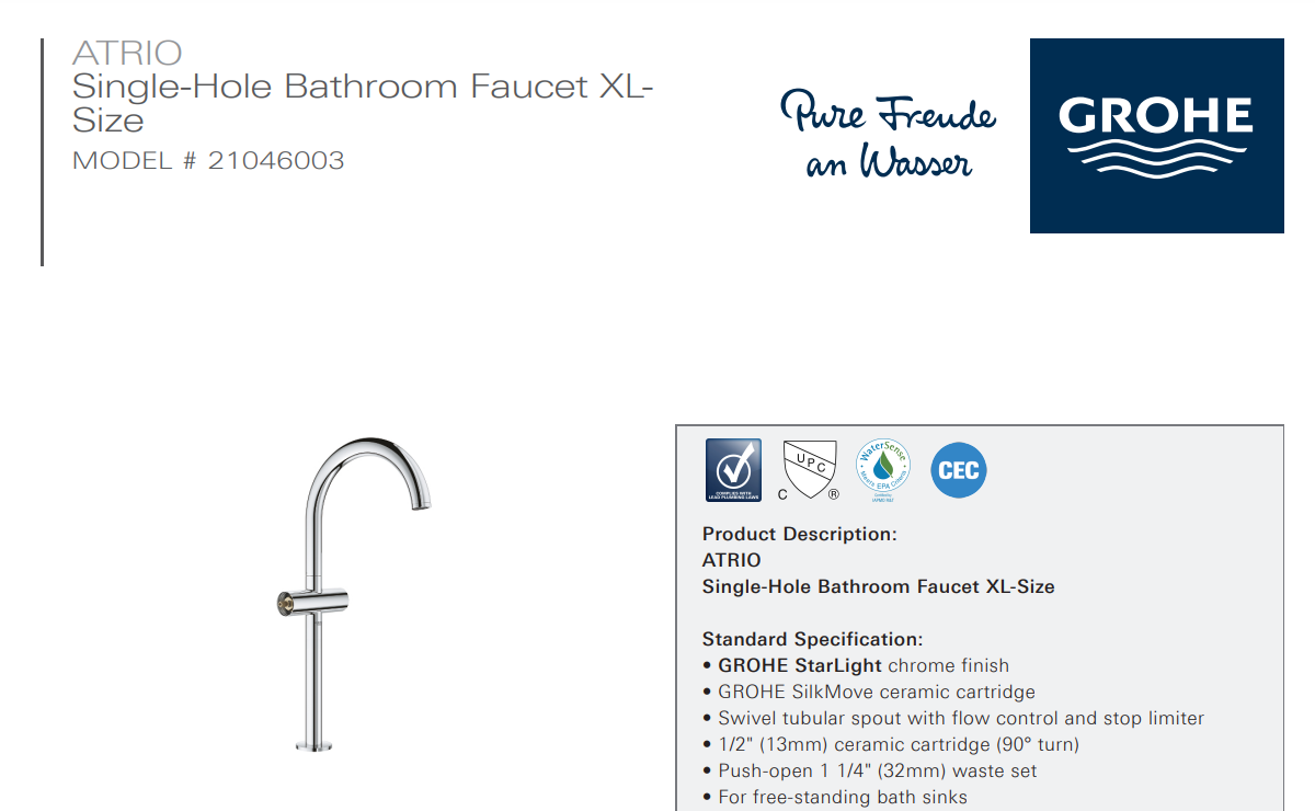Grohe 21046003 Atrio Single-Hole Double Handle Bathroom Faucet, Starlight Chrome, Specs Sheet