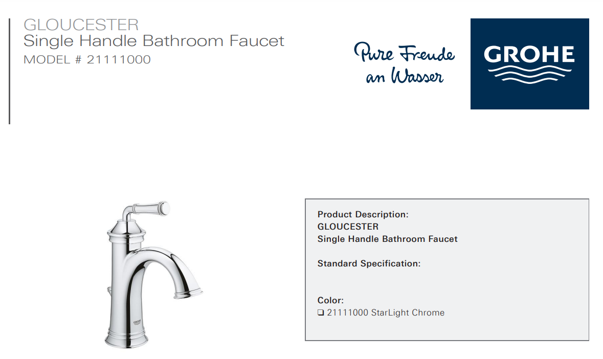 Grohe 21111000 Single Hole Single Handle Bathroom Faucet, Specs Sheet