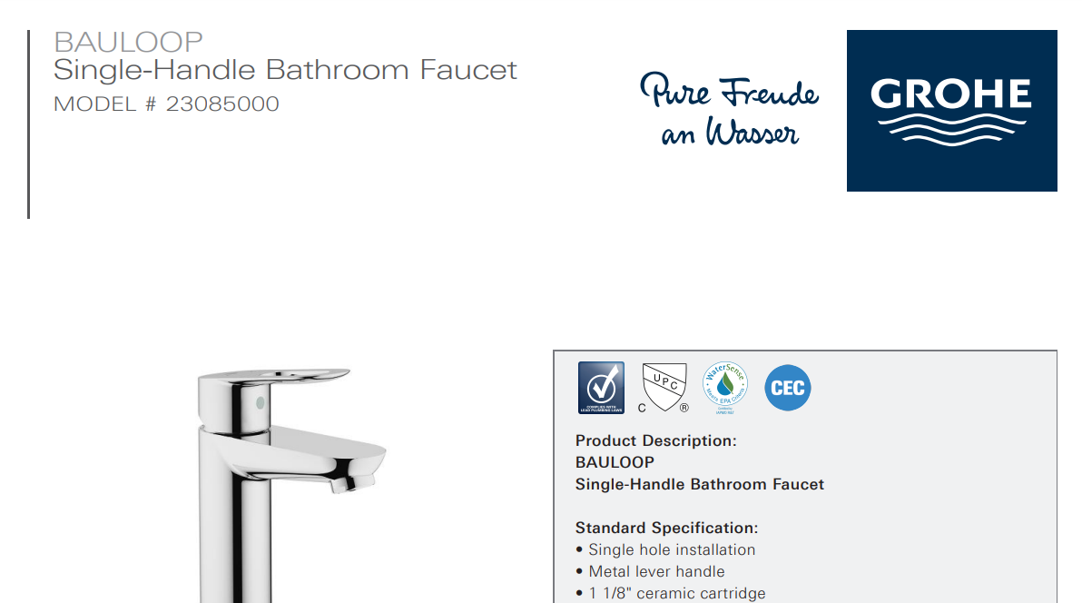 Grohe 23085000 BauLoop Single Hole 1-Handle Bathroom Faucet, S-Size, Starlight Chrome, Specs