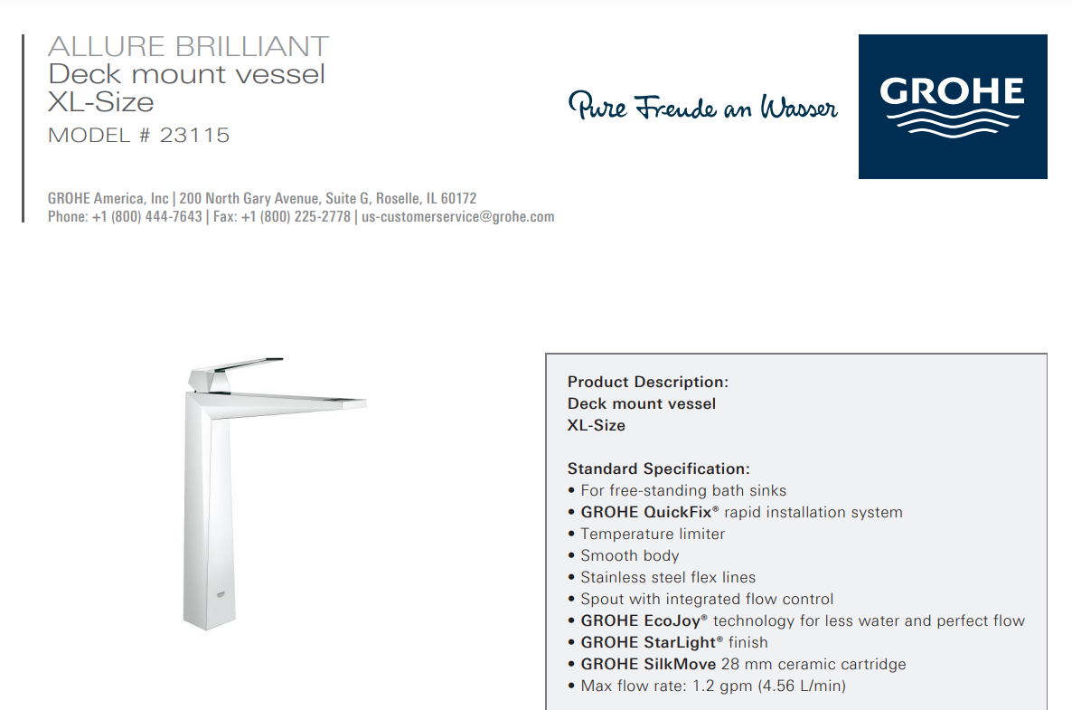 Grohe 2311500A Allure Brilliant Single-Handle Single-Hole Vessel Bathroom Faucet, Starlight Chrome, Specs Sheet