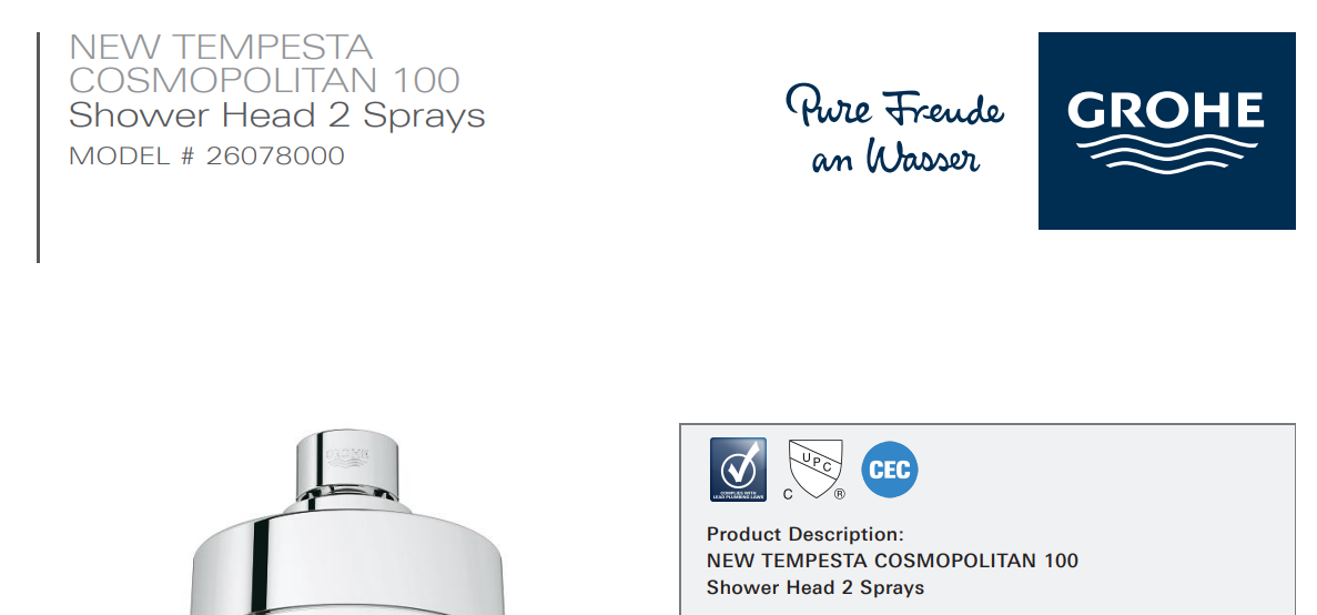 Grohe 26078000 New Tempesta Cosmopolitan Showerhead, Chrome, Specs Sheet