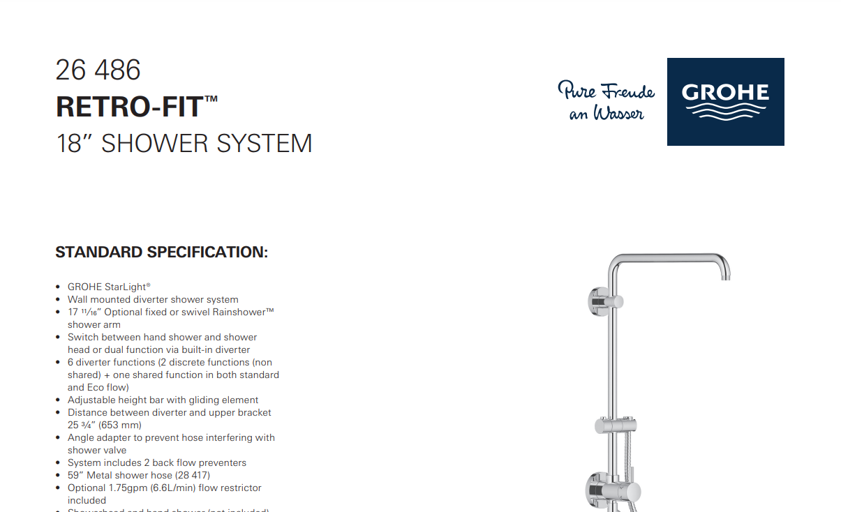 Grohe 26486000 RetroFit Shower System without Shower Head&Handshower, Chrome, Specs Sheet