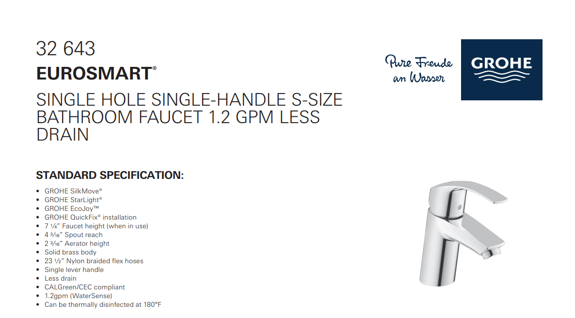 Grohe 3264300A Eurosmart S-Size Single-Handle Single-Hole Bathroom Faucet, Less Drain, Chrome, Specs