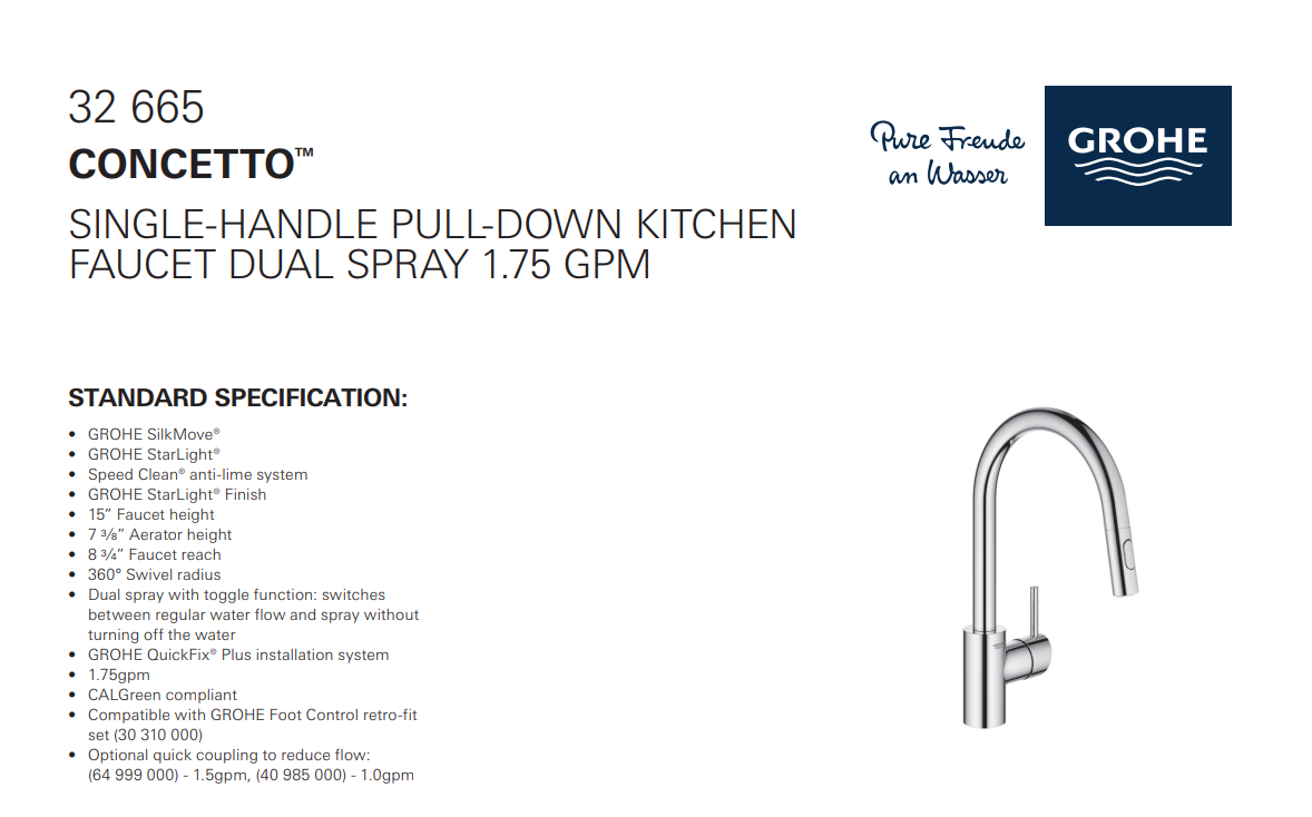Grohe 326652433 Concetto Pull-Down Single Handle Kitchen Faucet, Matte Black, Specs Sheet