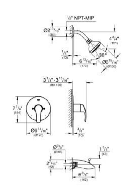 Grohe 3501220A Bathtub Shower Faucet, Prod Specs