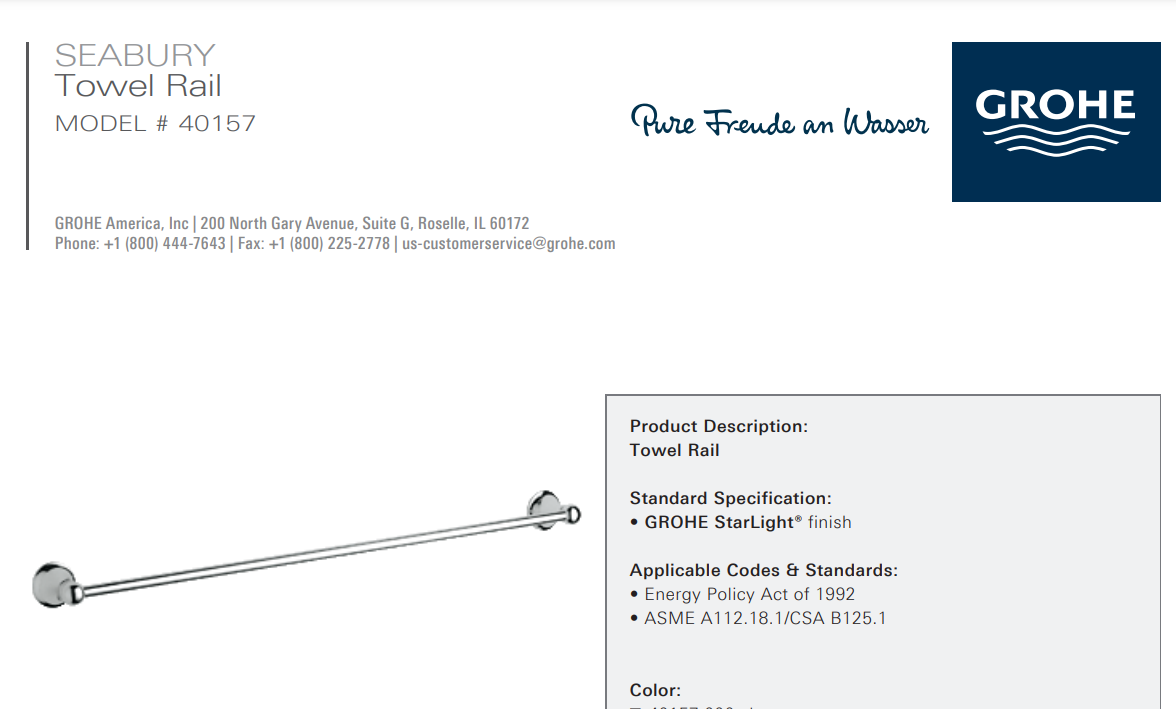 Grohe 40157EN0 Seabury 24 Inch Towel-Bar, Brushed Nickel, Specs Sheet