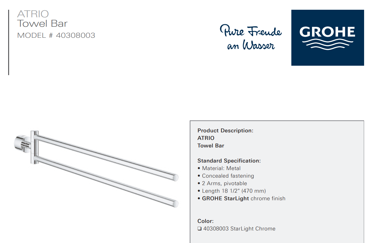 Grohe 40308EN3 Atrio 19-1/4 Inch Double Towel Bar, Brushed Nickel, Specs Sheet