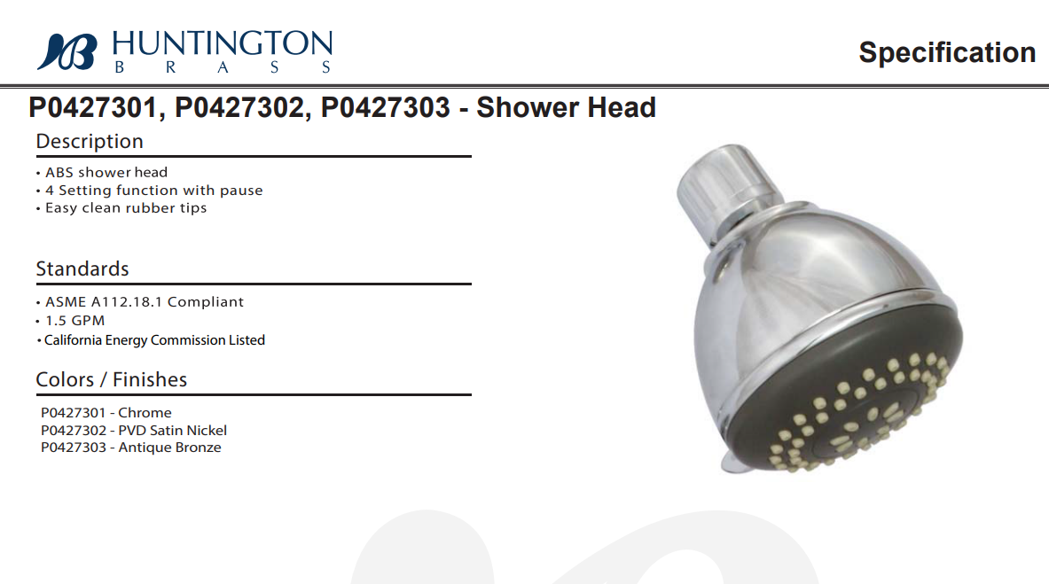 Huntington Brass P0427301 03151-01 3-Spray 3-Inch Showerhead, Chrome, Specs Sheet