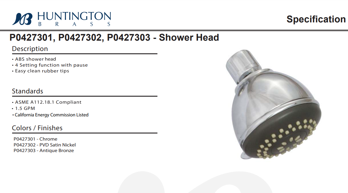 Huntington Brass P0427302 4 Setting Shower Head, PVD Satin Nickel, Specs Sheet