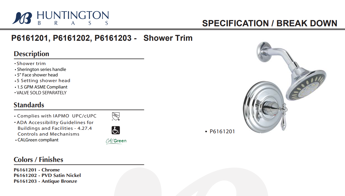 Huntington Brass P6161202 1-Lever Handle Shower Trim in Satin Nickel, Specs Sheet