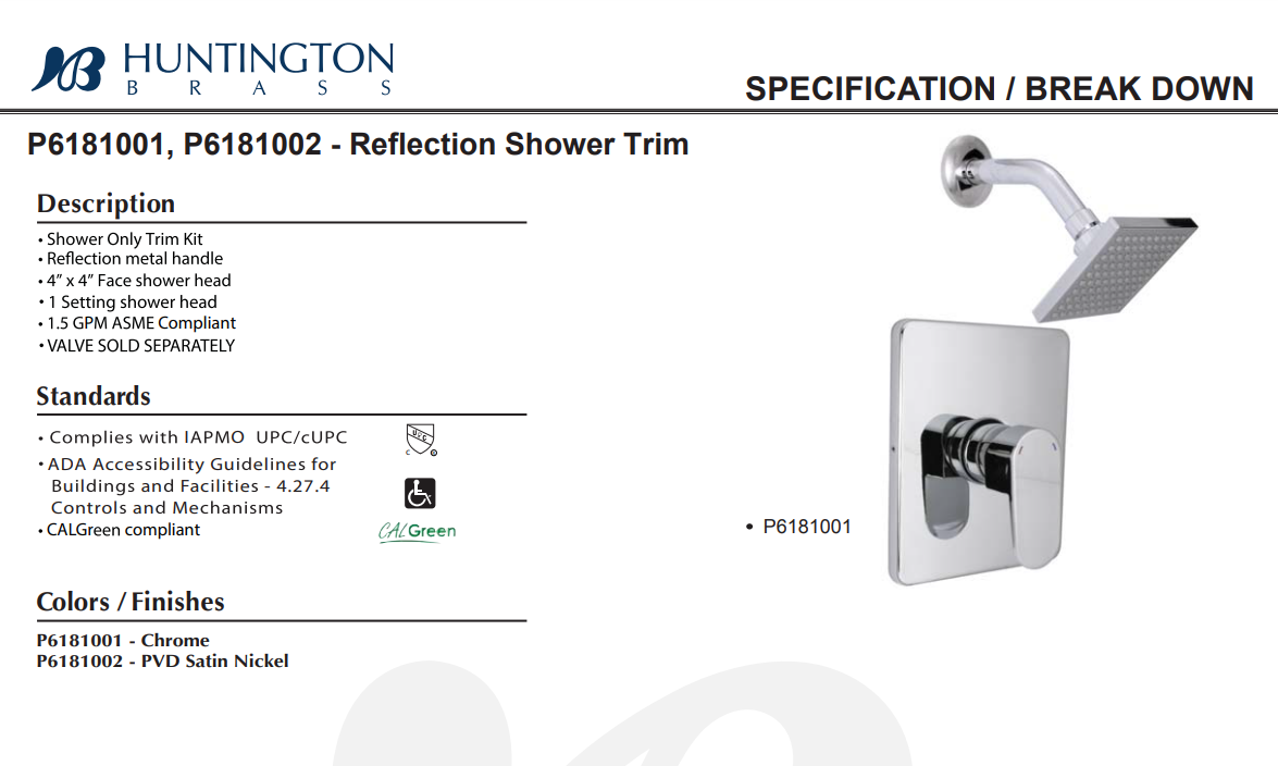 Huntington Brass P6181001 Reflection Shower Trim, Chrome, Specs Sheet