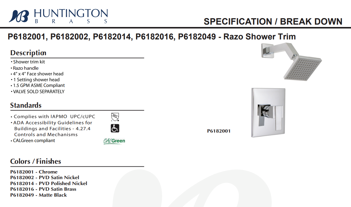 Huntington Brass P6182049 Razo Shower Trim, Matte Black, Specs Sheet