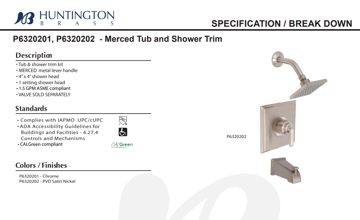 Huntington Brass P6320201 Merced Tub and Shower Trim Package in Polished Chrome, Specs Sheet