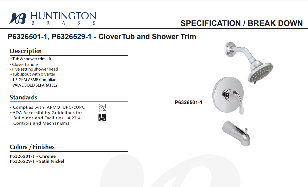 Huntington Brass P6326501-1 Clover Tub & Shower Trim Package, Chrome, Specs Sheet