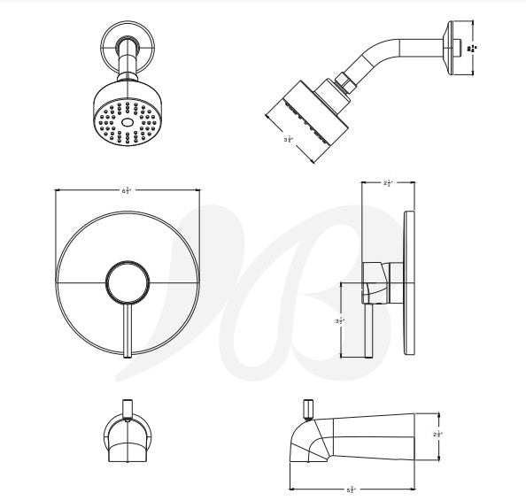Huntington Brass P6380214 Euro Tub & Shower Trim Kit, Polished Nickel PVD Specs Sheet