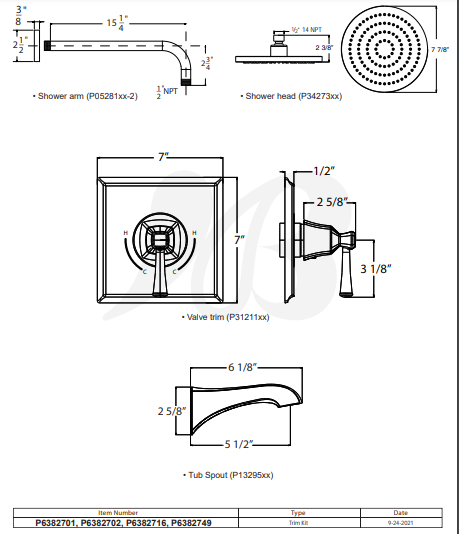 Huntington Brass P6382701 Davenport Tub & Shower Trim Kit, Chrome Spec Sheet
