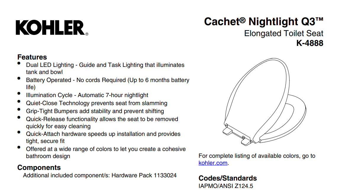 Kohler 4888-96 Cachet Nightlight Quiet-Close Plastic Elongated Toilet Seat in Biscuit, Specs Sheet