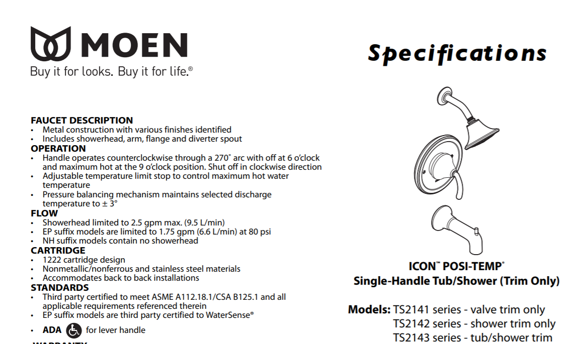 Moen TS2142 Specs Sheet