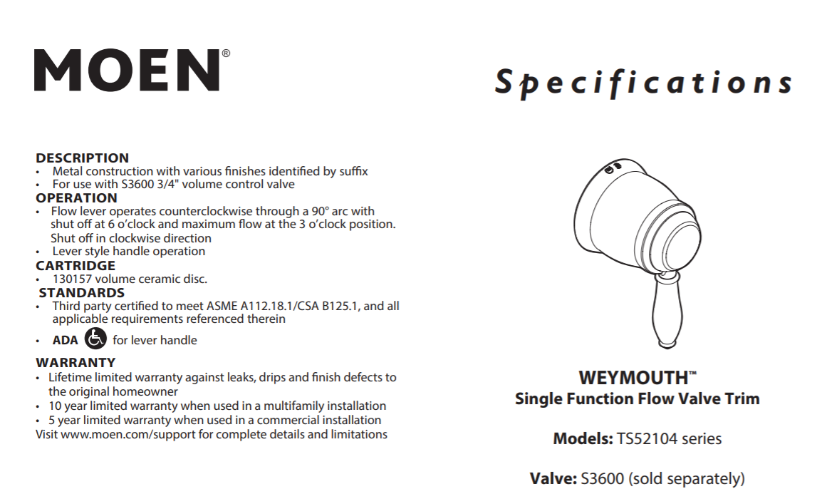 Moen TS52104NL Specs Sheet