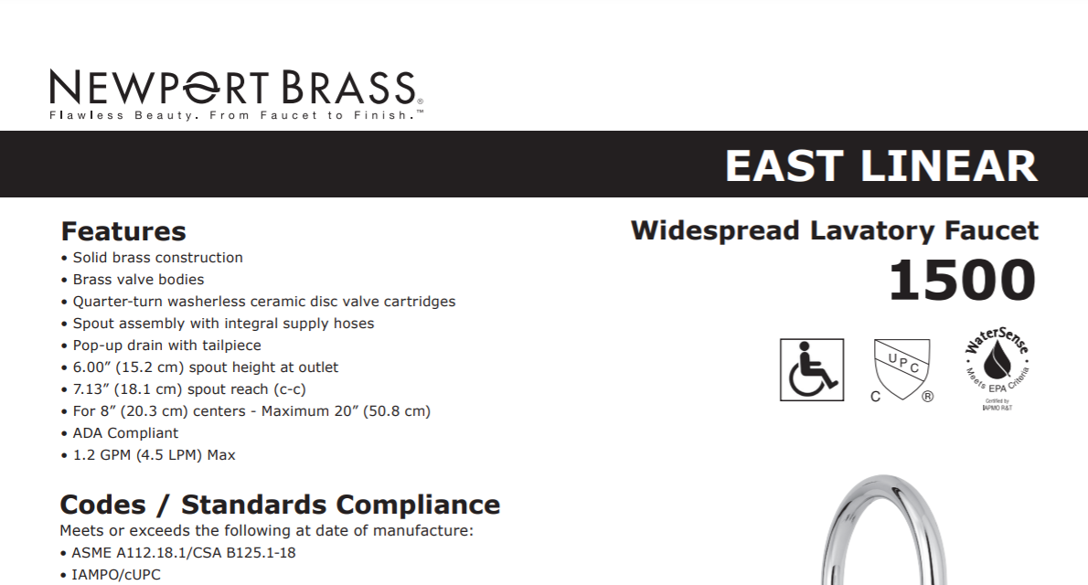 Newport Brass 1500/15A Specs Sheet