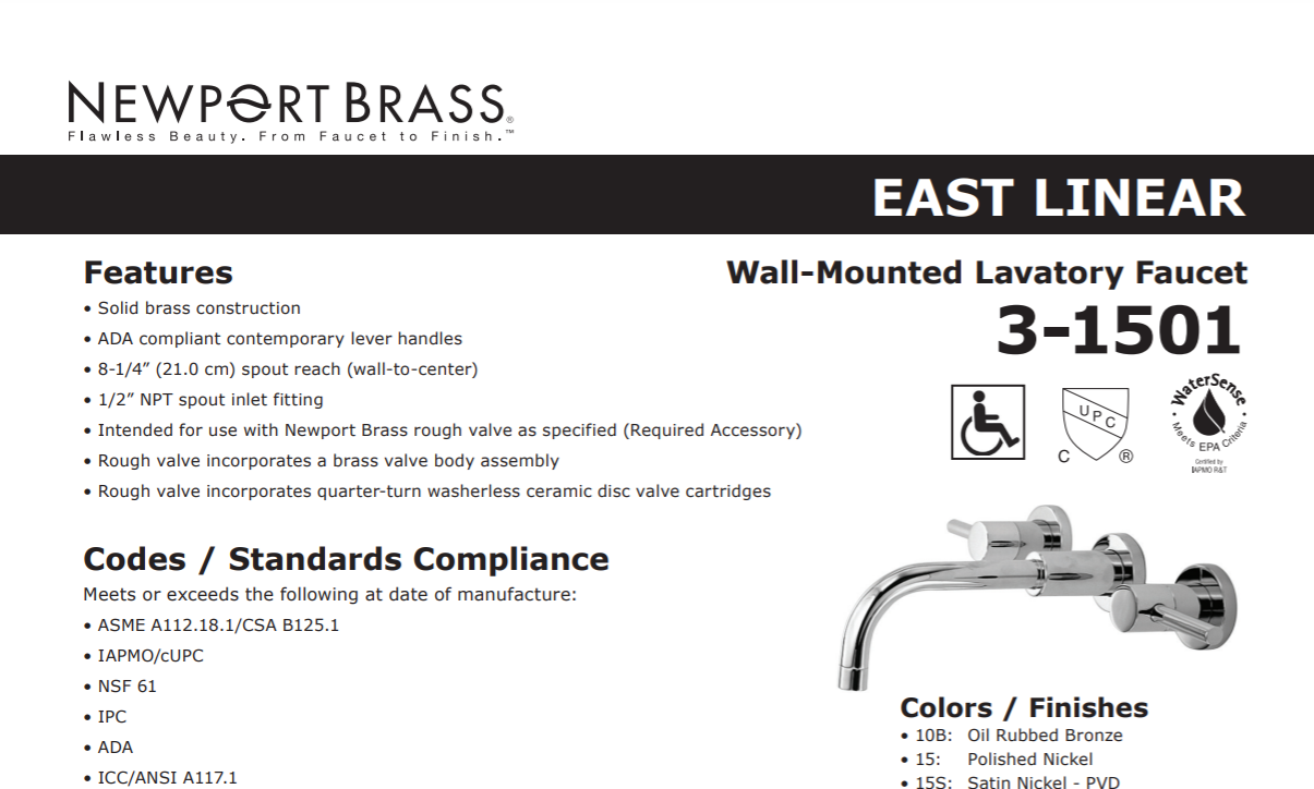 Newport Brass East Linear Wall Mount Lavatory Faucet, Specs Sheet