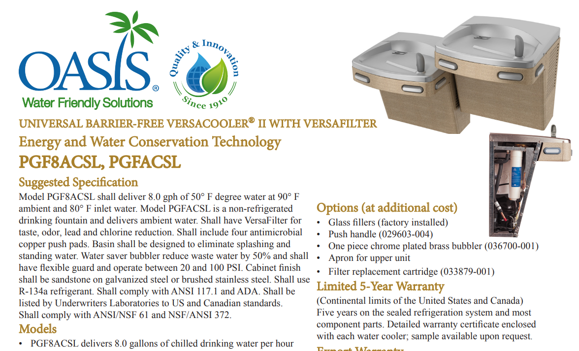 Oasis PGF8ACSL Filtered Stainless Steel Refrigerated Dual Drinking Fountain, Specs Sheet