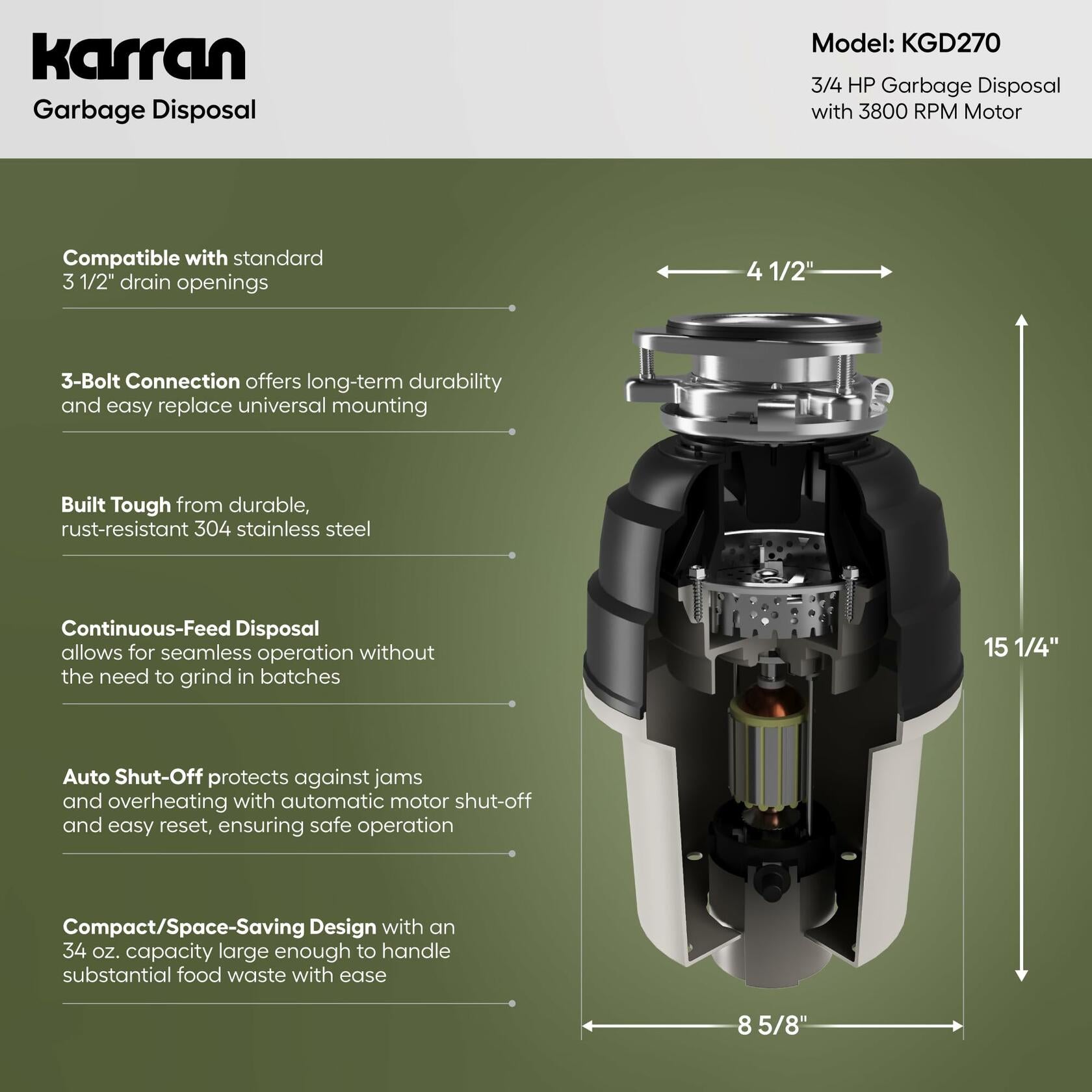 Karran 3/4 HP Continuous Feed Garbage Disposal for Kitchen Sinks with Power Cord and Accessories Included