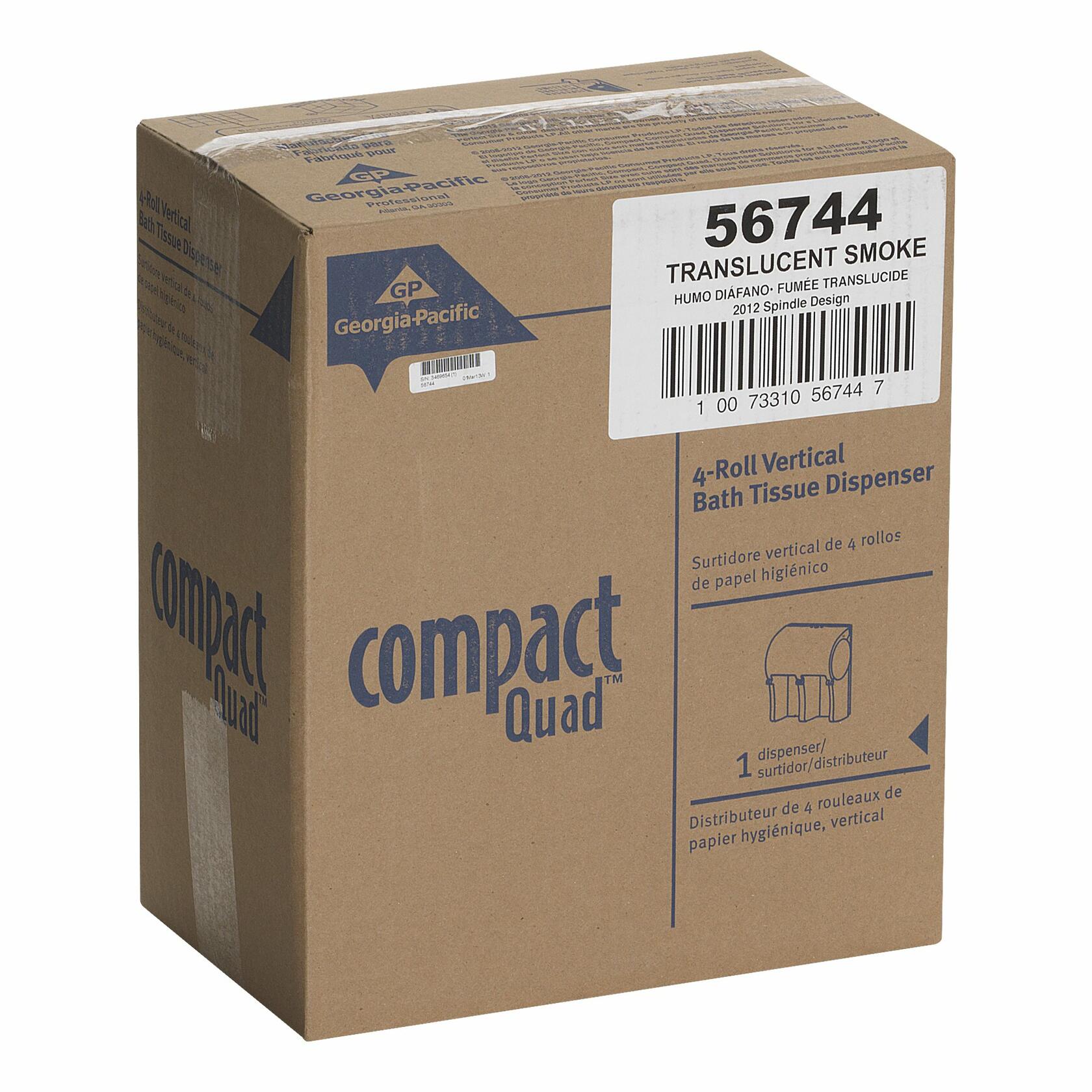 GP PRO (Georgia-Pacific) Compact 56744 4-Roll Quad Coreless High-Capacity Toilet Paper Dispenser, Translucent Smoke